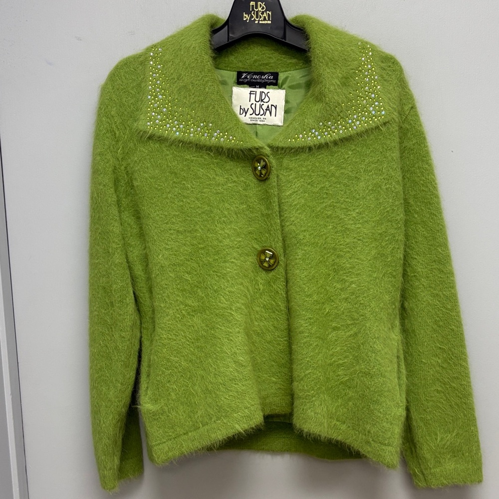 Vintage Venesha Furs by Susan Angora Wool Lime Green Rhinestone Jacket Size M